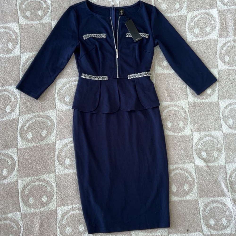 Elegant Navy Blue Dress with Silver Accents